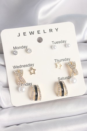 Pirinç Gold Renk Zirkon Taş Yıldız Detaylı İncili 7'Li Set Kadın Küpe Seti - TJ-BKP10320 Pirinç Gold Renk Zirkon Taş Yıldız Detaylı İncili 7'Li Set Kadın Küpe Seti - TJ-BKP10320