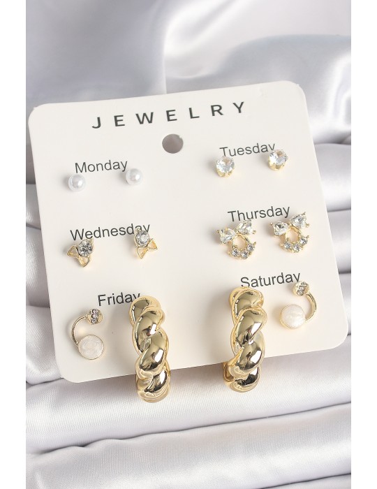 Pirinç Gold Renk Zirkon Taşlı Sarmal Halka Model 7'Li Kadın Küpe Seti - TJ-BKP10324