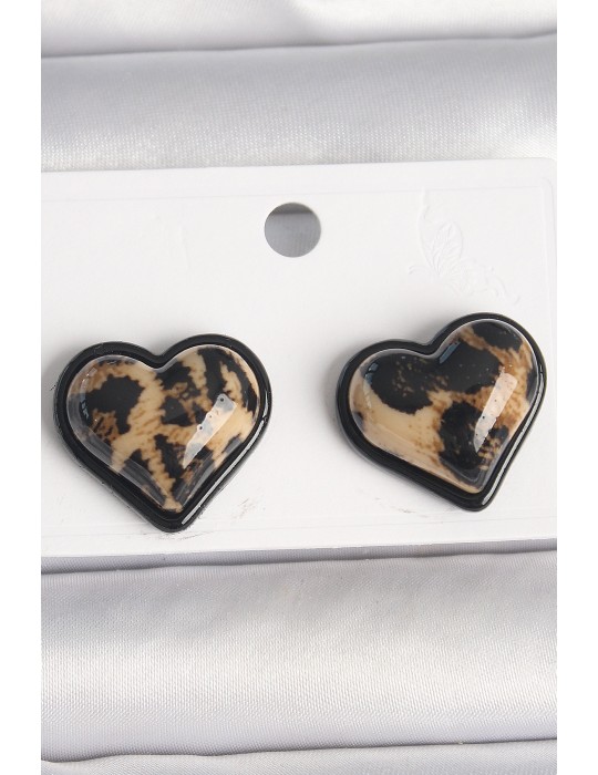Pirinç Siyah Renk Leopar Desen 3D Kalp Model Kadın Küpe - TJ-BKP10344