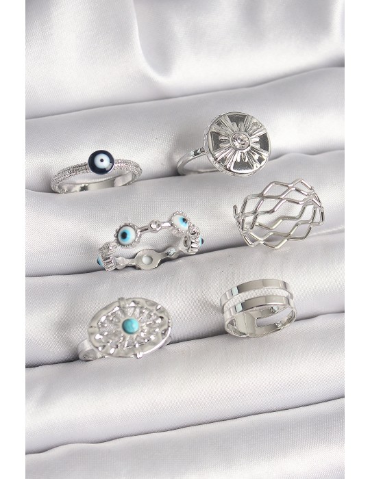 Pirinç Gümüş Renk Nazar Boncuk Zirkon Taş Detaylı Dalga Figür Kadın Yüzük Kombini - TJ-BYK3653