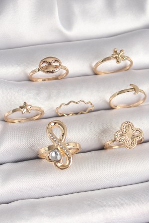 Pirinç Gold Renk Zirkon Taşlı Sonsuzluk Figür Yıldız Detay Kadın Yüzük Kombini - TJ-BYK3674 Pirinç Gold Renk Zirkon Taşlı Sonsuzluk Figür Yıldız Detay Kadın Yüzük Kombini - TJ-BYK3674