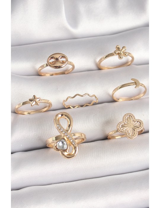 Pirinç Gold Renk Zirkon Taşlı Sonsuzluk Figür Yıldız Detay Kadın Yüzük Kombini - TJ-BYK3674