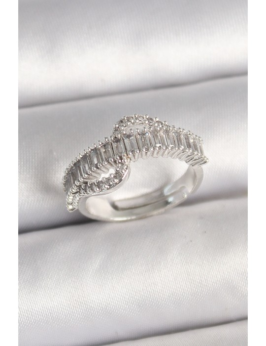 Pirinç Gümüş Renk Su Yolu Zirkon Taşlı Ayarlanabilir Model Kadın Yüzük - TJ-BYK3690