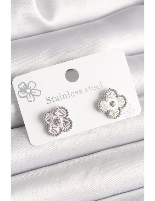 Pirinç Gümüş Renk İşlemeli Yonca Model Kadın Küpe - TJ-BKP10358