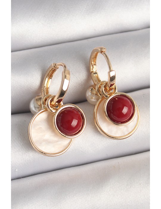 Pirinç Gold Renk Sallantı Beyaz Mineli Bordo Detay Kadın Küpe - TJ-BKP10362