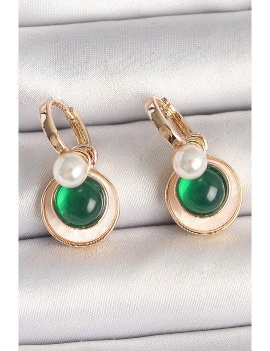 Pirinç Gold Renk Beyaz Yeşil Sallantı Mineli Kadın Küpe - TJ-BKP10363