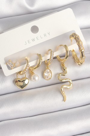 Pirinç Gold Renk Sallantı Yılan Model Zirkon Taşlı Halka Kilit Kalp Detay Kadın Küpe Seti - TJ-BKP10369