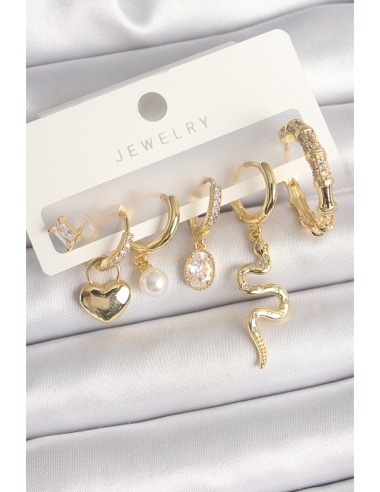 Pirinç Gold Renk Sallantı Yılan Model Zirkon Taşlı Halka Kilit Kalp Detay Kadın Küpe Seti - TJ-BKP10369