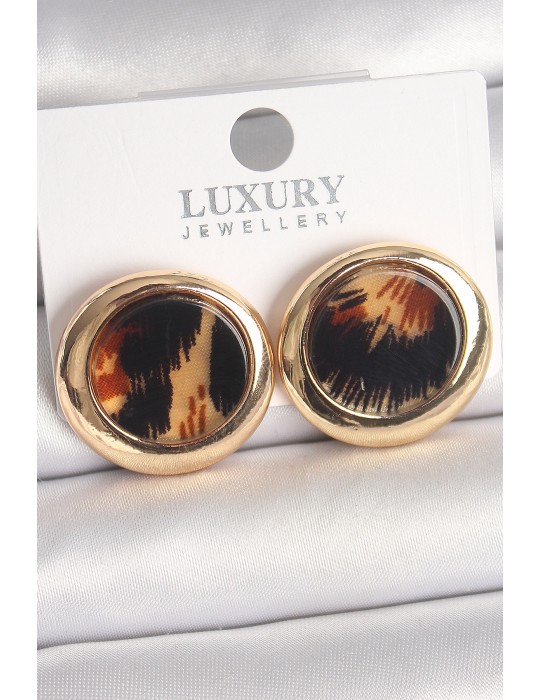 Pirinç Gold Renk Leopar Desen Daire Model Kadın Küpe - TJ-BKP10371
