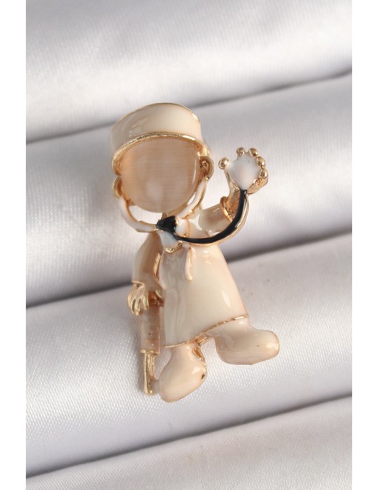 Pirinç Gold Renk Beyaz Mineli Doktor Model Kadın Broş - TJ-BR428