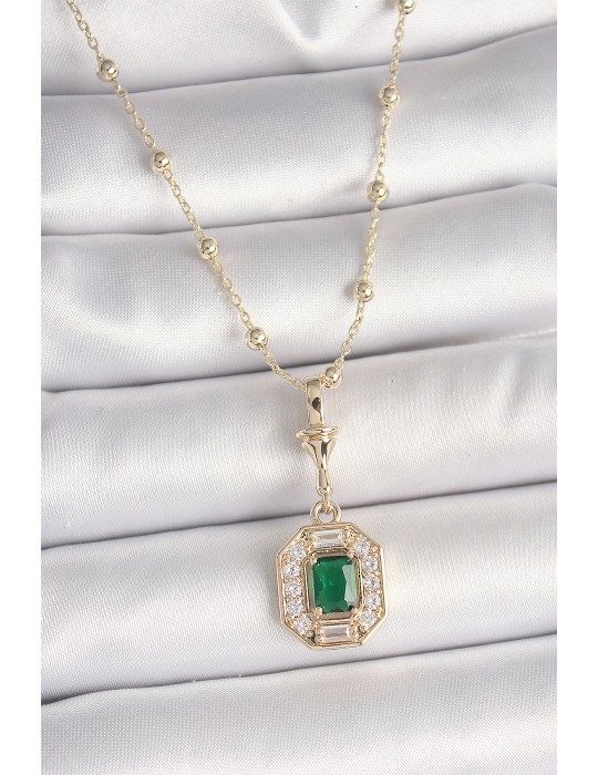 Pirinç Gold Renk Zirkon Taşlı Topçuk Zincir Serenay Model Kadın Kolye - TJ-BKO9902