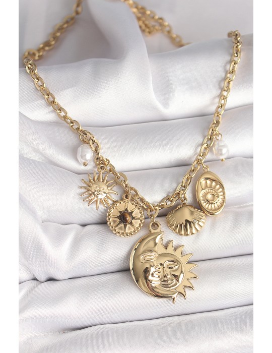 316L Çelik Gold Renk Ay Güneş Figür Deniz Kabuğu Detay Kadın Kolye - TJ-BKO9913