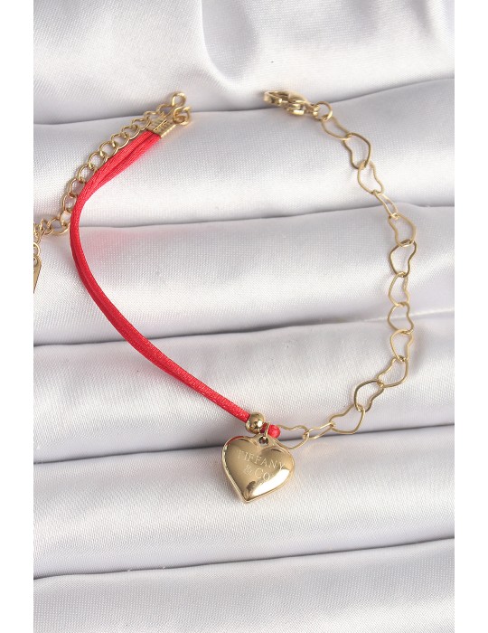 316L Çelik Gold Renk Zincir Kırmızı İp Model Sallantı Kalp Figür İşleme Detaylı Kadın Bileklik - TJ-BB6868