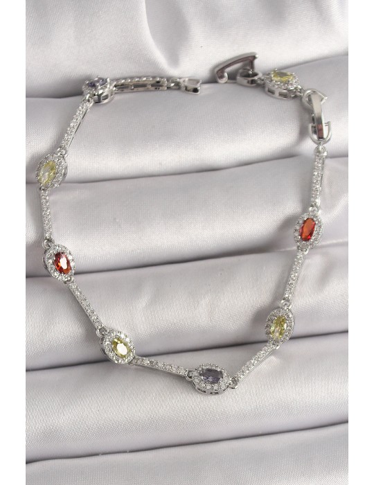 Pirinç Gümüş Renk Renkli Zirkon Taşlı Damla Taş Model Kadın Bileklik - TJ-BB6873