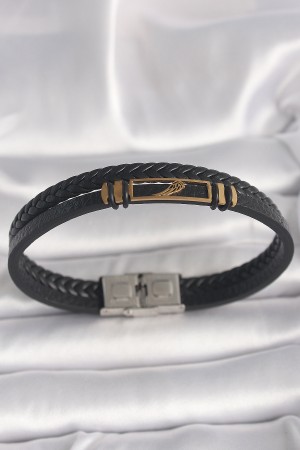 316L Çelik Gold Renk Kanat Aksesuarlı Siyah Burgu Model Deri Kordon Erkek Bileklik - TJ-EB3703