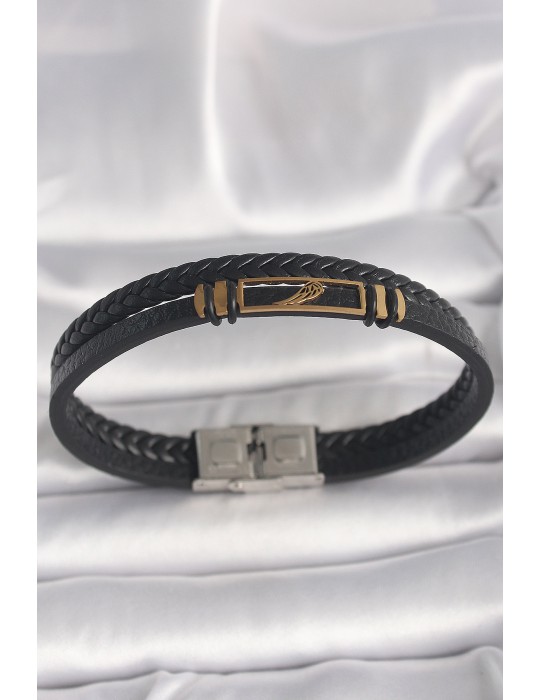 316L Çelik Gold Renk Kanat Aksesuarlı Siyah Burgu Model Deri Kordon Erkek Bileklik - TJ-EB3703