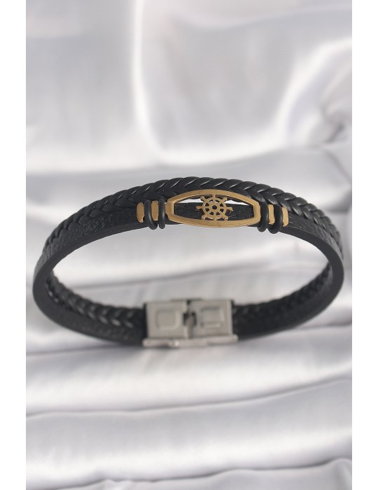 316L Çelik Gold Renk Gemi Dümen Figür Siyah Renk Çift Sıra Burgu Desenli Deri Kordon Erkek Bileklik - TJ-EB3706