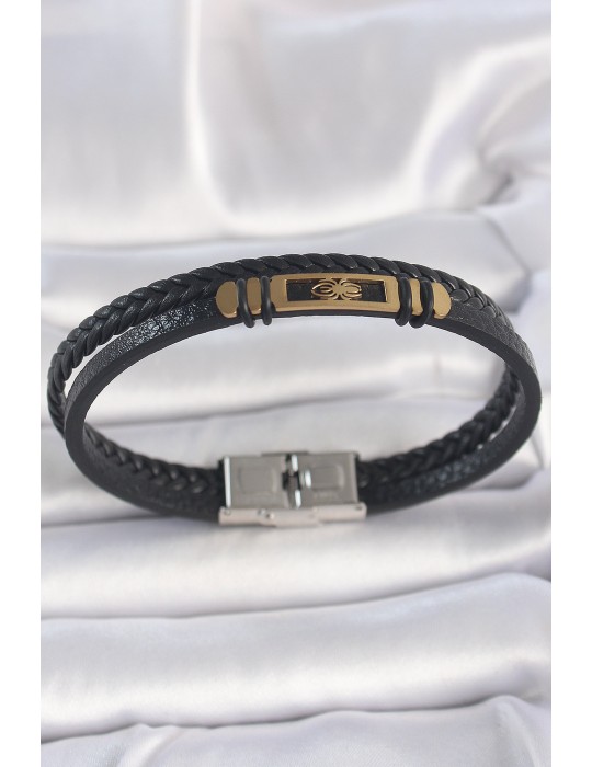 316L Çelik Gold Renk Örümcek Figür Çift Sıra Burgu Desenli Deri Kordon Erkek Bileklik - TJ-EB3711