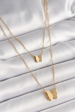 316L Çelik Gold Renk 2'Li Simli Model Kadın Kolye - TJ-BKO9928