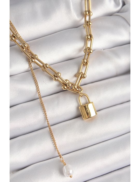 316L Çelik Gold Renk Zincir Model Kilit Figür Sallantı İnci Detay Kadın Kolye - TJ-BKO9938