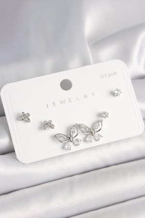 925 Ayar Gümüş Çivi Pirinç Gümüş Renk Zirkon Taşlı Model Kadın Küpe Seti - TJ-BKP10394