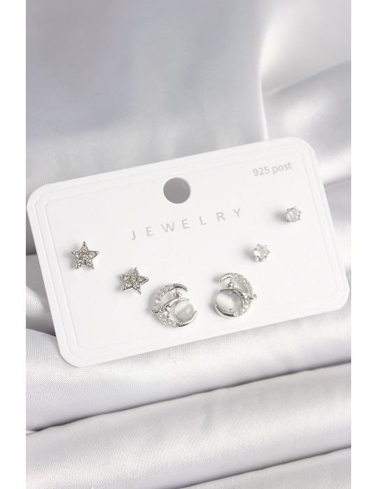 925 Ayar Gümüş Çivi Zirkon Taşlı Hilal Yıldız Model Kadın Küpe Seti - TJ-BKP10398