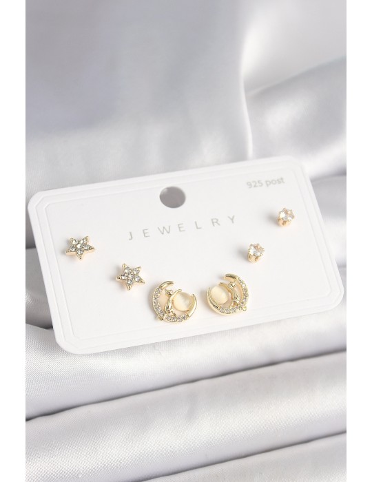 925 Ayar Gümüş Çivi Zirkon Taşlı Hilal Yıldız Model Kadın Küpe Seti - TJ-BKP10399