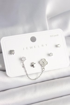 925 Ayar Gümüş Çivi Pirinç Gümüş Renk Zirkon Taşlı Yonca Model Sallantı Zincir Detay Kadın Küpe Seti - TJ-BKP10400 925 Ayar Gümüş Çivi Pirinç Gümüş Renk Zirkon Taşlı Yonca Model Sallantı Zincir Detay Kadın Küpe Seti - TJ-BKP10400