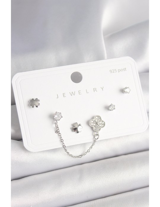 925 Ayar Gümüş Çivi Pirinç Gümüş Renk Zirkon Taşlı Yonca Model Sallantı Zincir Detay Kadın Küpe Seti - TJ-BKP10400