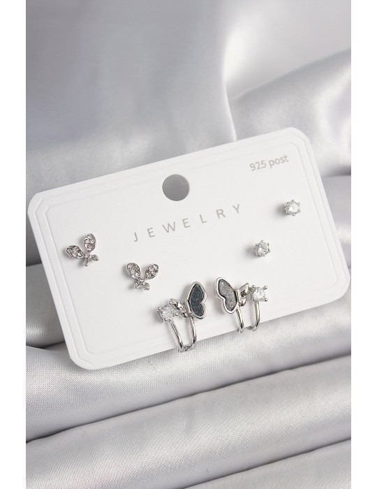 925 Ayar Gümüş Çivi Pirinç Gümüş Renk Zirkon Taşlı Model Kadın Küpe Seti - TJ-BKP10404