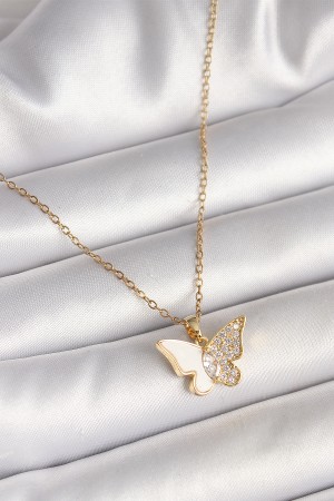 316L Çelik Gold Renk Zincir Zirkon Taşlı Beyaz Mineli Model Kadın Kolye - TJ-BKO9940