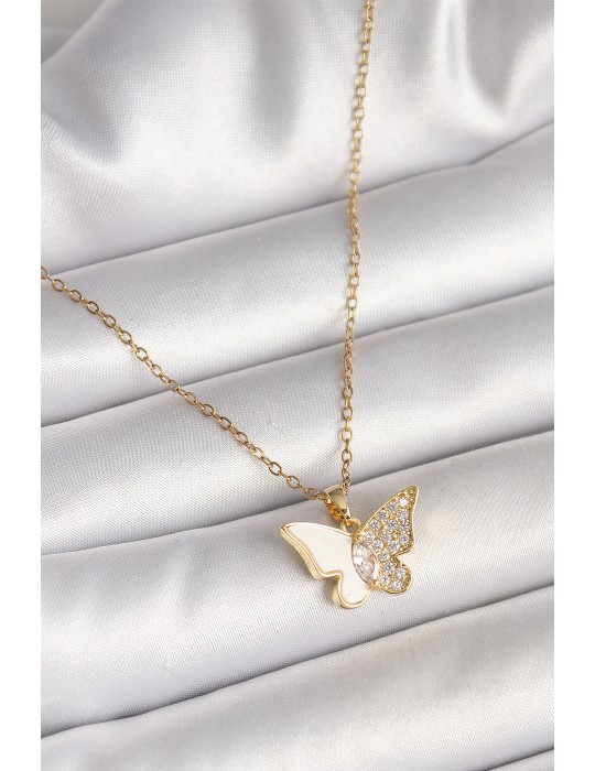 316L Çelik Gold Renk Zincir Zirkon Taşlı Beyaz Mineli Model Kadın Kolye - TJ-BKO9940