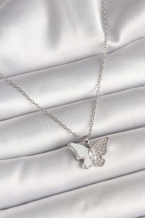 316L Çelik Gümüş Renk Zincir Zirkon Taşlı Beyaz Mineli Model Kadın Kolye - TJ-BKO9941