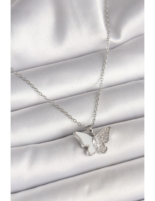 316L Çelik Gümüş Renk Zincir Zirkon Taşlı Beyaz Mineli Model Kadın Kolye - TJ-BKO9941