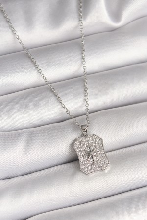 316L Çelik Gümüş Renk Zincir Zirkon Taşlı Kutup Yıldız İşlemeli Madalyon Model Kadın Kolye - TJ-BKO9943