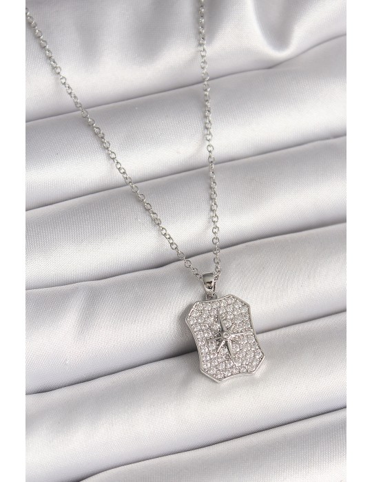 316L Çelik Gümüş Renk Zincir Zirkon Taşlı Kutup Yıldız İşlemeli Madalyon Model Kadın Kolye - TJ-BKO9943