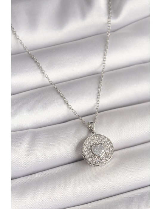 316L Çelik Gümüş Renk Zincir Zirkon Taşlı Kalp İşlemeli Madalyon Model Kadın Kolye - TJ-BKO9947
