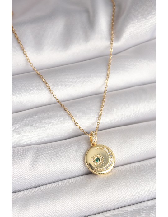 316L Çelik Gold Renk Zincir Zirkon Taş İşlemeli Hilal Yıldız İşlemeli Madalyon Model Kadın Kolye - TJ-BKO9952
