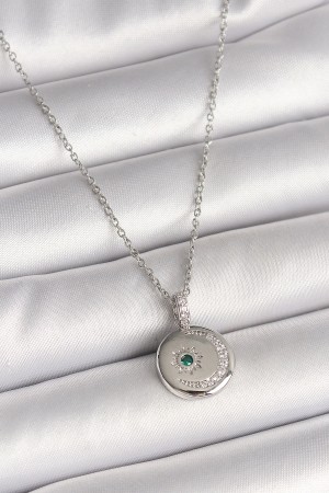 316L Çelik Gümüş Renk Zincir Madalyon Zirkon Taşlı İşlemeli Hilal Yıldız Model Kadın Kolye - TJ-BKO9953