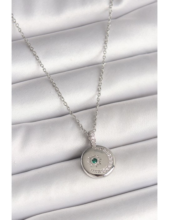 316L Çelik Gümüş Renk Zincir Madalyon Zirkon Taşlı İşlemeli Hilal Yıldız Model Kadın Kolye - TJ-BKO9953