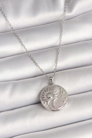 316L Çelik Gümüş Renk Zincir Zirkon Taşlı Ay Güneş İşlemeli Madalyon Model Kadın Kolye - TJ-BKO9959