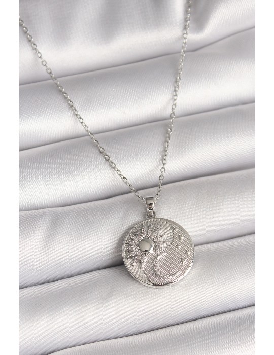 316L Çelik Gümüş Renk Zincir Zirkon Taşlı Ay Güneş İşlemeli Madalyon Model Kadın Kolye - TJ-BKO9959
