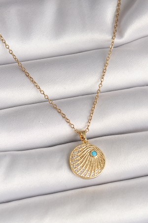 316L Çelik Gold Renk Zincir Zirkon Taş İşlemeli Mavi Taş Detaylı Madalyon Model Kadın Kolye - TJ-BKO9964