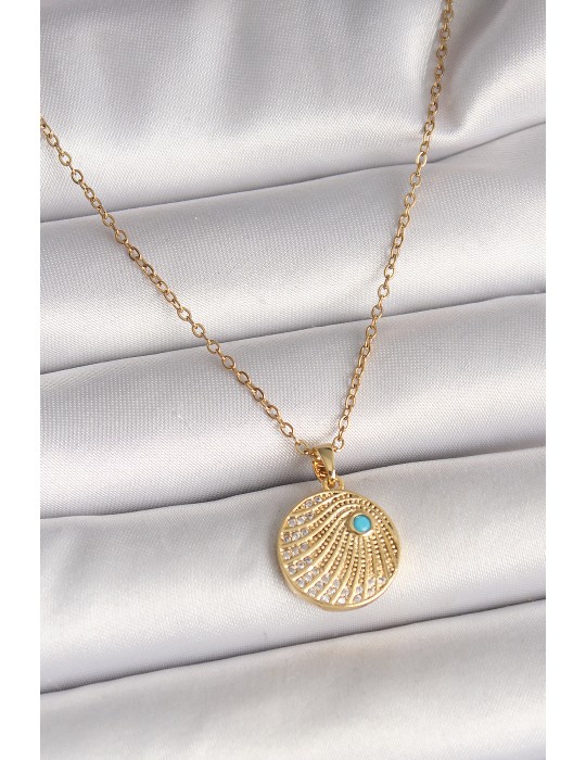 316L Çelik Gold Renk Zincir Zirkon Taş İşlemeli Mavi Taş Detaylı Madalyon Model Kadın Kolye - TJ-BKO9964