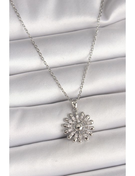 316L Çelik Gümüş Renk Zincir Zirkon Taşlı Güneş Model Kadın Kolye - TJ-BKO9967