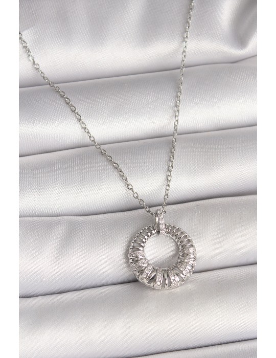 316L Çelik Gümüş Renk Zincir Zirkon Taş İşlemeli Daire Model Kadın Kolye - TJ-BKO9969