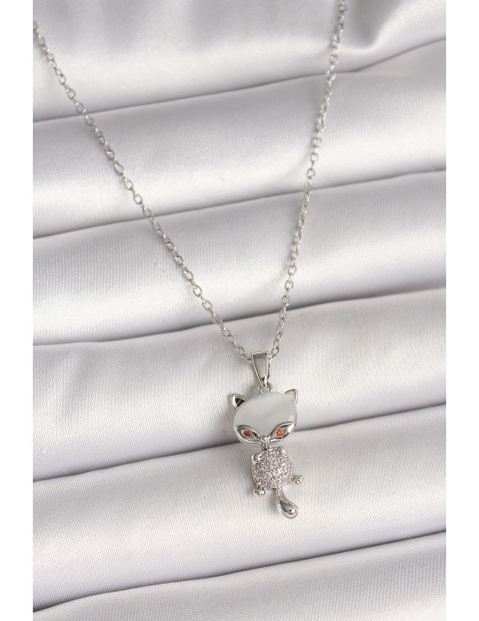 316L Çelik Gümüş Renk Zincir Zirkon Taşlı Kedi Model Kadın Kolye - TJ-BKO9981