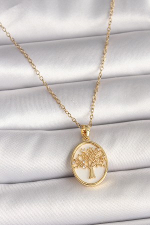 316L Çelik Gold Renk Zincir Zirkon Taş Detaylı Beyaz Mineli Ağaç İşlemeli Portre Model Kadın Kolye - TJ-BKO9982