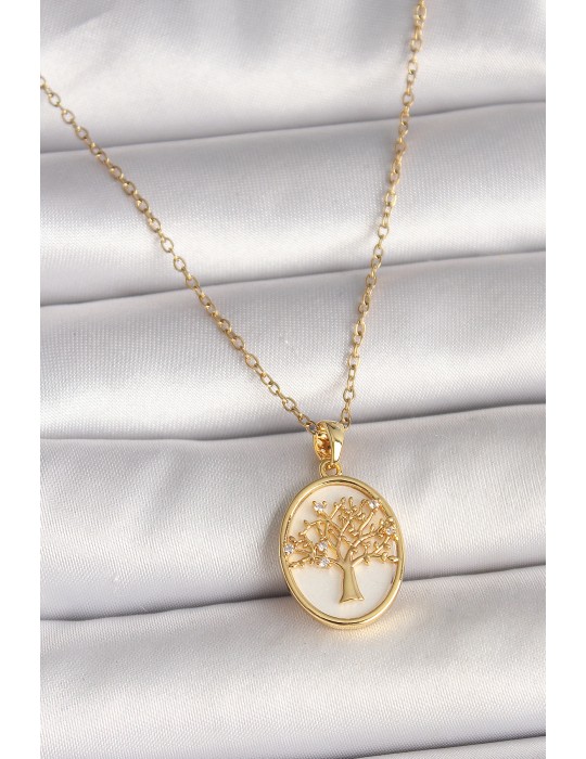 316L Çelik Gold Renk Zincir Zirkon Taş Detaylı Beyaz Mineli Ağaç İşlemeli Portre Model Kadın Kolye - TJ-BKO9982