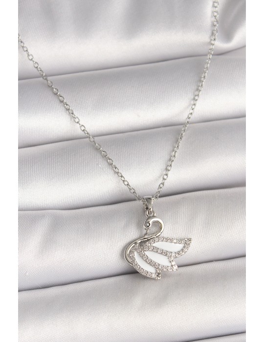 316L Çelik Gümüş Renk Zincir Zirkon Taşlı Kuğu Model Kadın Kolye - TJ-BKO9997